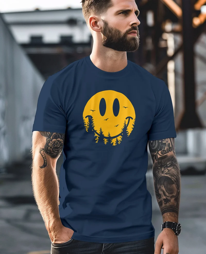 Herren T-Shirt Sommer Sonne Outdoor Motiv Lustig Smiling Face Wald Fashion Streetstyle
