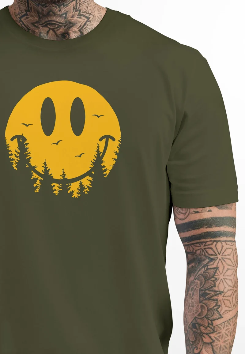 Herren T-Shirt Sommer Sonne Outdoor Motiv Lustig Smiling Face Wald Fashion Streetstyle