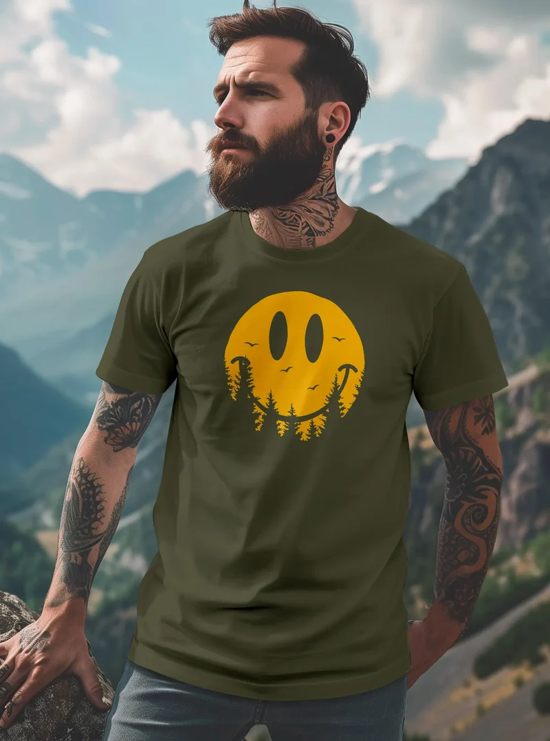 Herren T-Shirt Sommer Sonne Outdoor Motiv Lustig Smiling Face Wald Fashion Streetstyle
