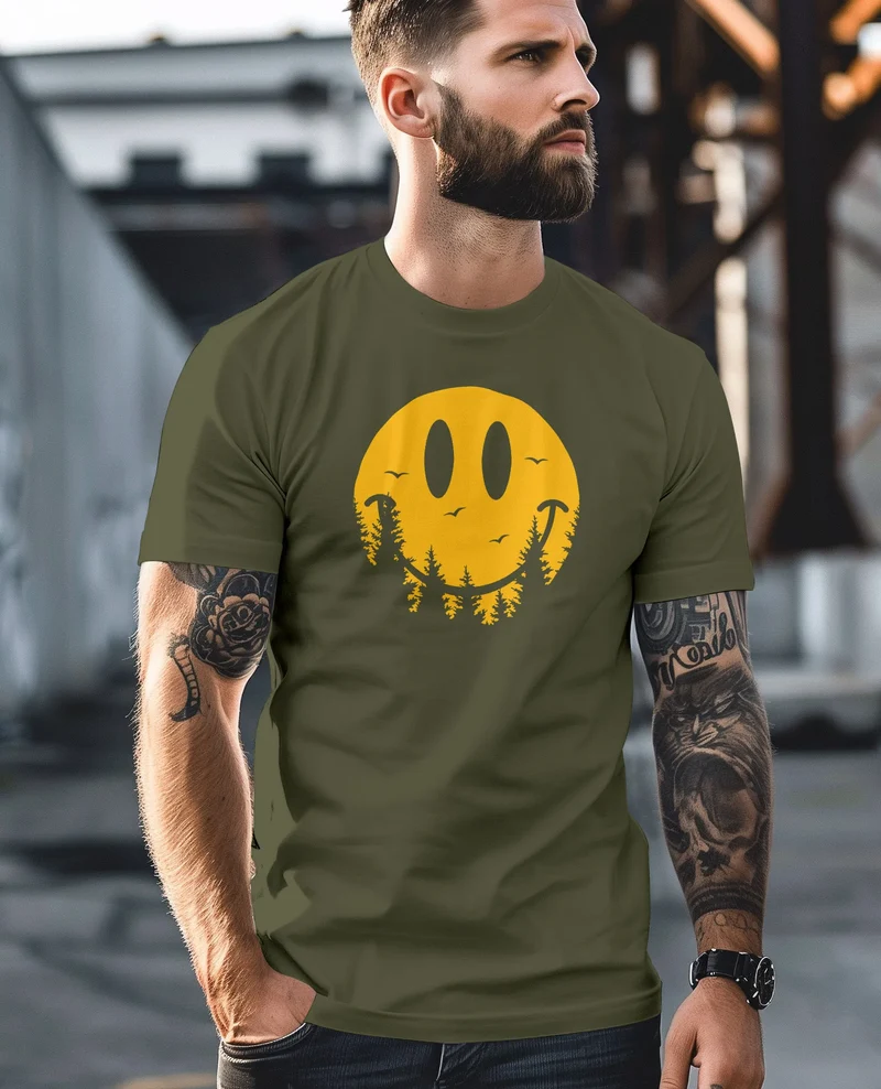 Herren T-Shirt Sommer Sonne Outdoor Motiv Lustig Smiling Face Wald Fashion Streetstyle
