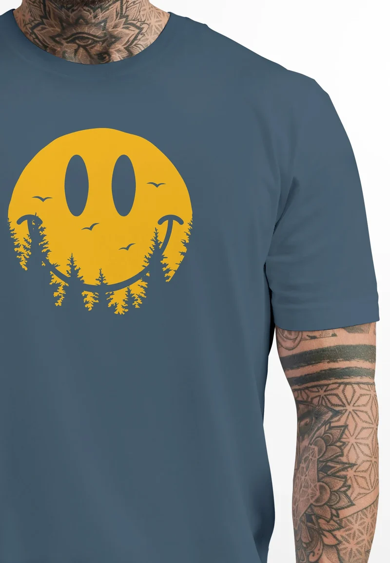 Herren T-Shirt Sommer Sonne Outdoor Motiv Lustig Smiling Face Wald Fashion Streetstyle