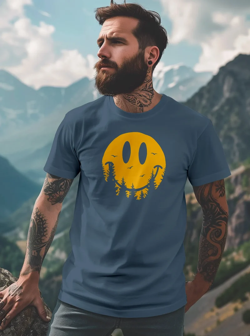 Herren T-Shirt Sommer Sonne Outdoor Motiv Lustig Smiling Face Wald Fashion Streetstyle