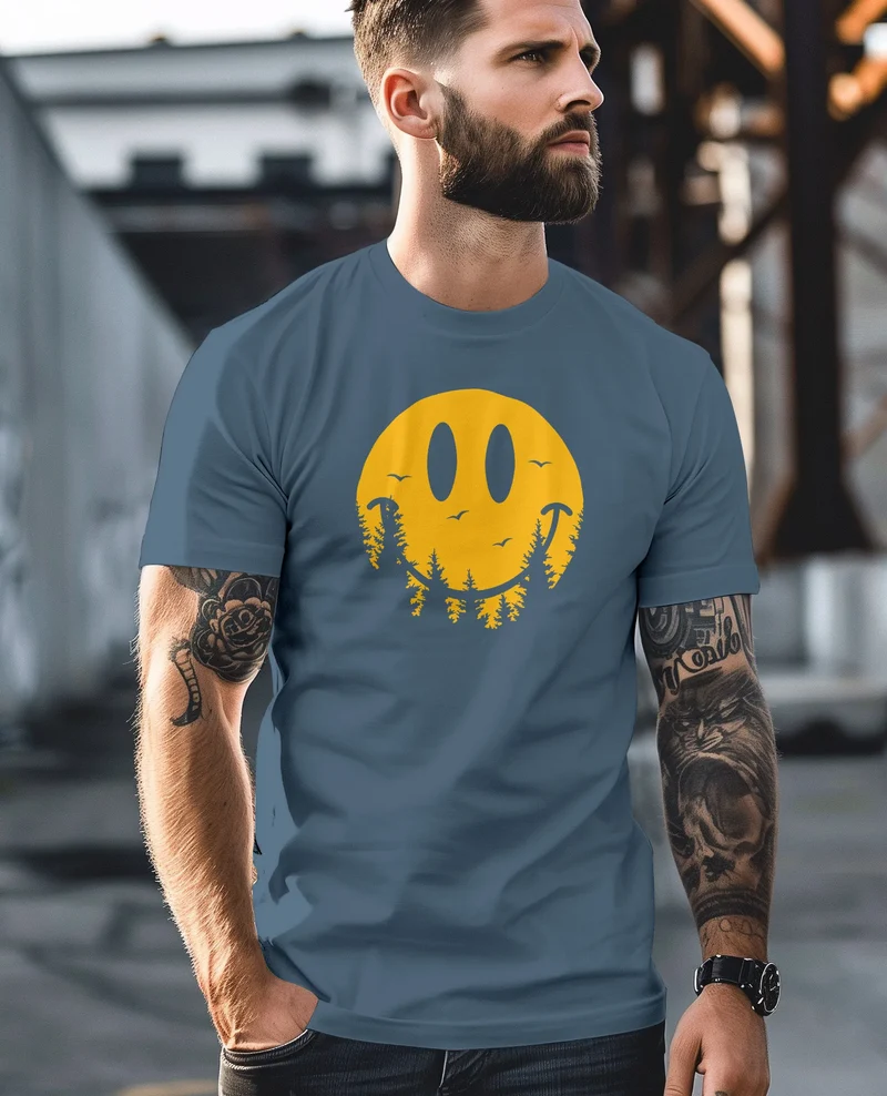Herren T-Shirt Sommer Sonne Outdoor Motiv Lustig Smiling Face Wald Fashion Streetstyle