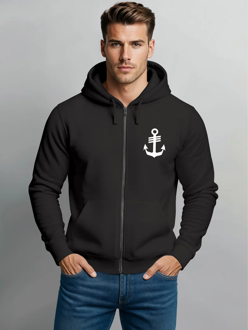 Herren Sweatjacke mit Kapuze Anker Print Motiv Logo Maritim Zipjacke Männer Fashion Streetstyle