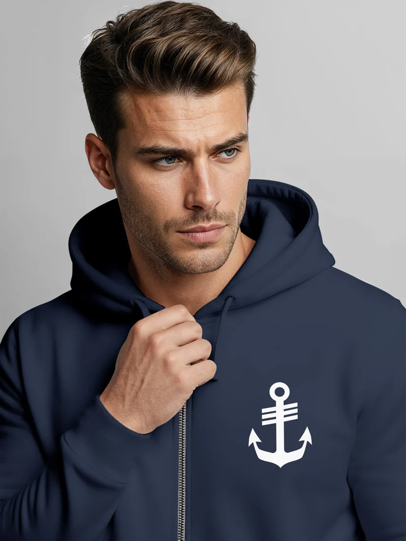 Herren Sweatjacke mit Kapuze Anker Print Motiv Logo Maritim Zipjacke Männer Fashion Streetstyle