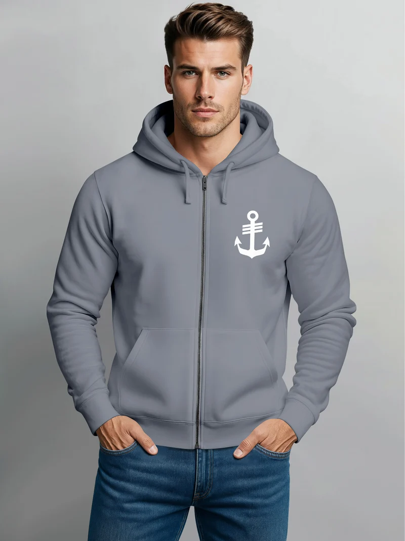 Herren Sweatjacke mit Kapuze Anker Print Motiv Logo Maritim Zipjacke Männer Fashion Streetstyle