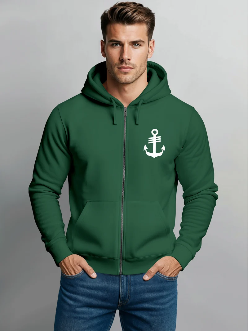 Herren Sweatjacke mit Kapuze Anker Print Motiv Logo Maritim Zipjacke Männer Fashion Streetstyle