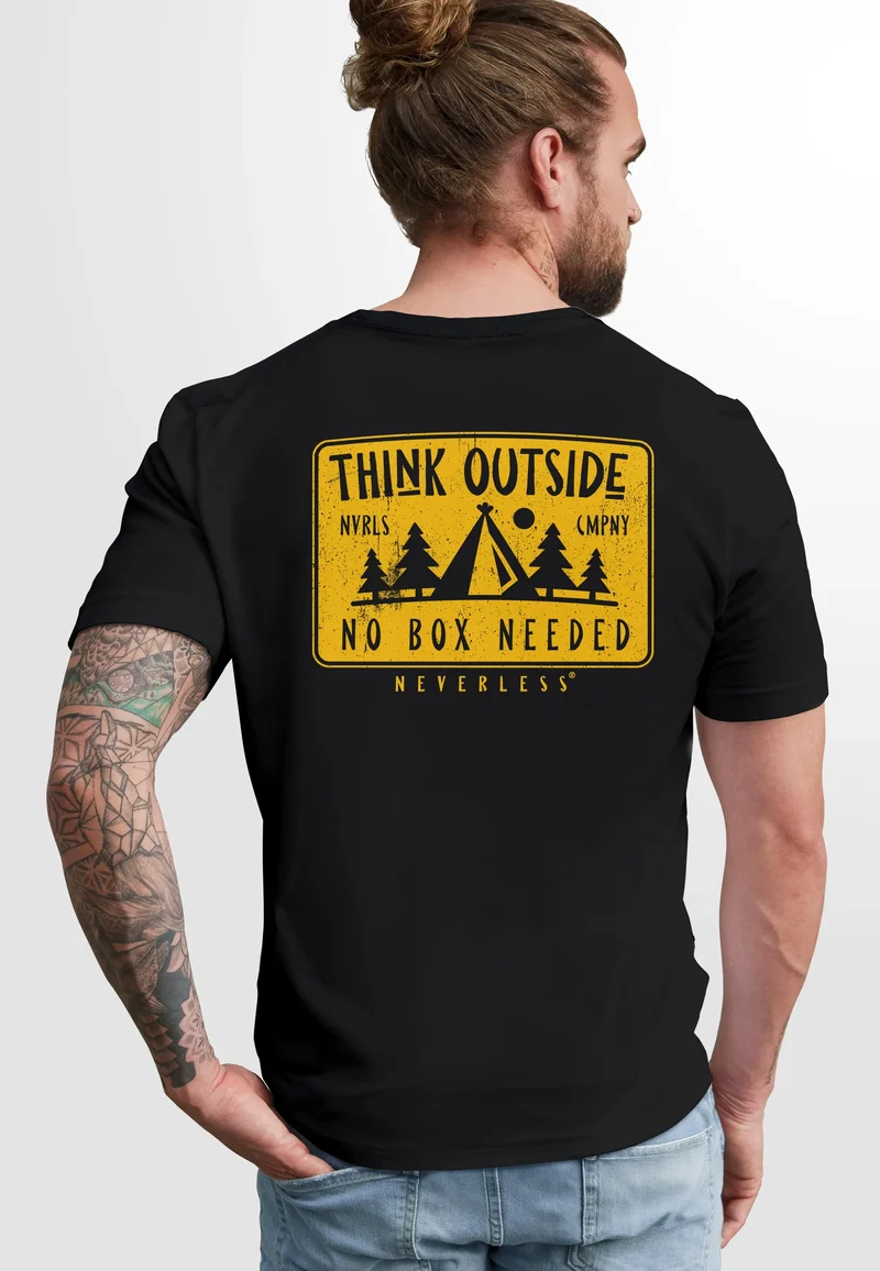 Herren T-Shirt Backprint SpuchThink Outside Rückenaufdruck Wald Outdoor Camping Männer Fashion Streetstyle