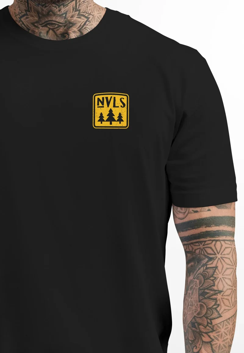 Herren T-Shirt Backprint SpuchThink Outside Rückenaufdruck Wald Outdoor Camping Männer Fashion Streetstyle