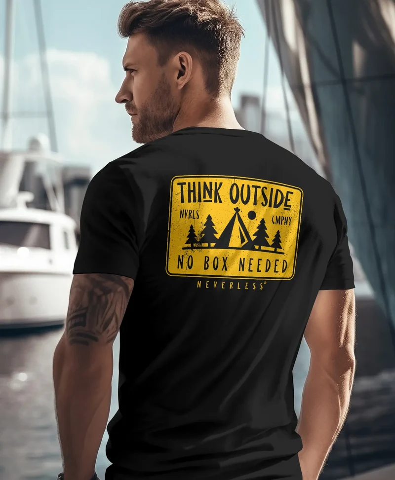 Herren T-Shirt Backprint SpuchThink Outside Rückenaufdruck Wald Outdoor Camping Männer Fashion Streetstyle