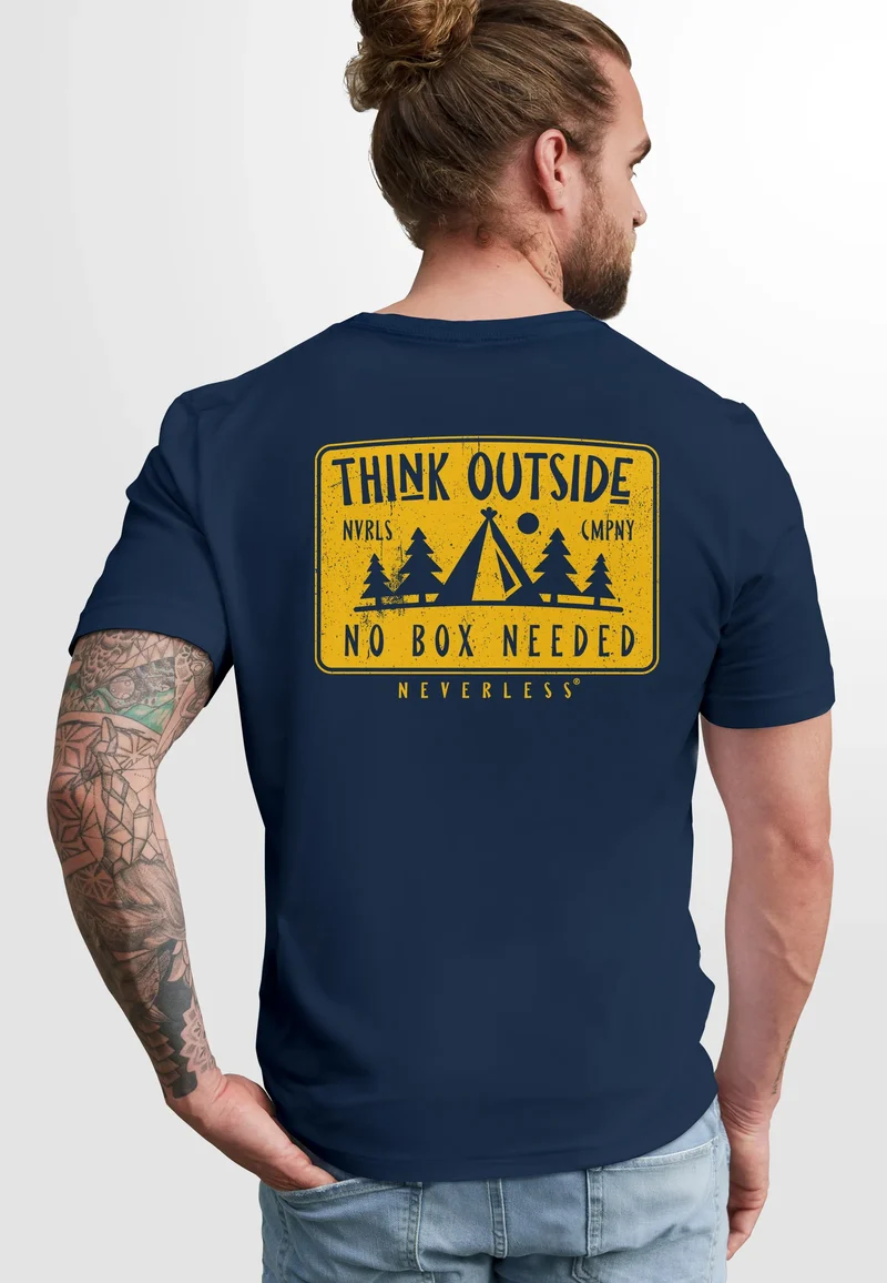 Herren T-Shirt Backprint SpuchThink Outside Rückenaufdruck Wald Outdoor Camping Männer Fashion Streetstyle