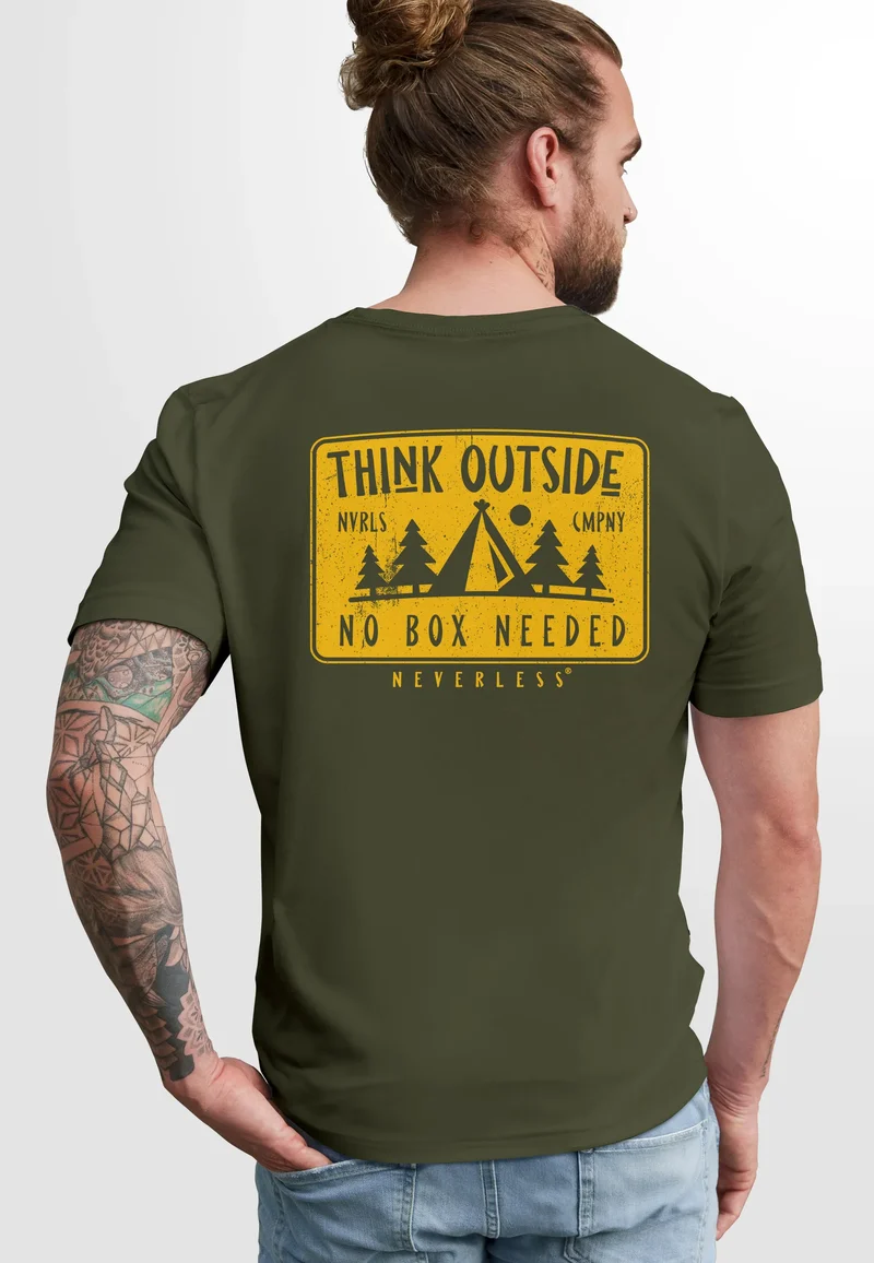 Herren T-Shirt Backprint SpuchThink Outside Rückenaufdruck Wald Outdoor Camping Männer Fashion Streetstyle
