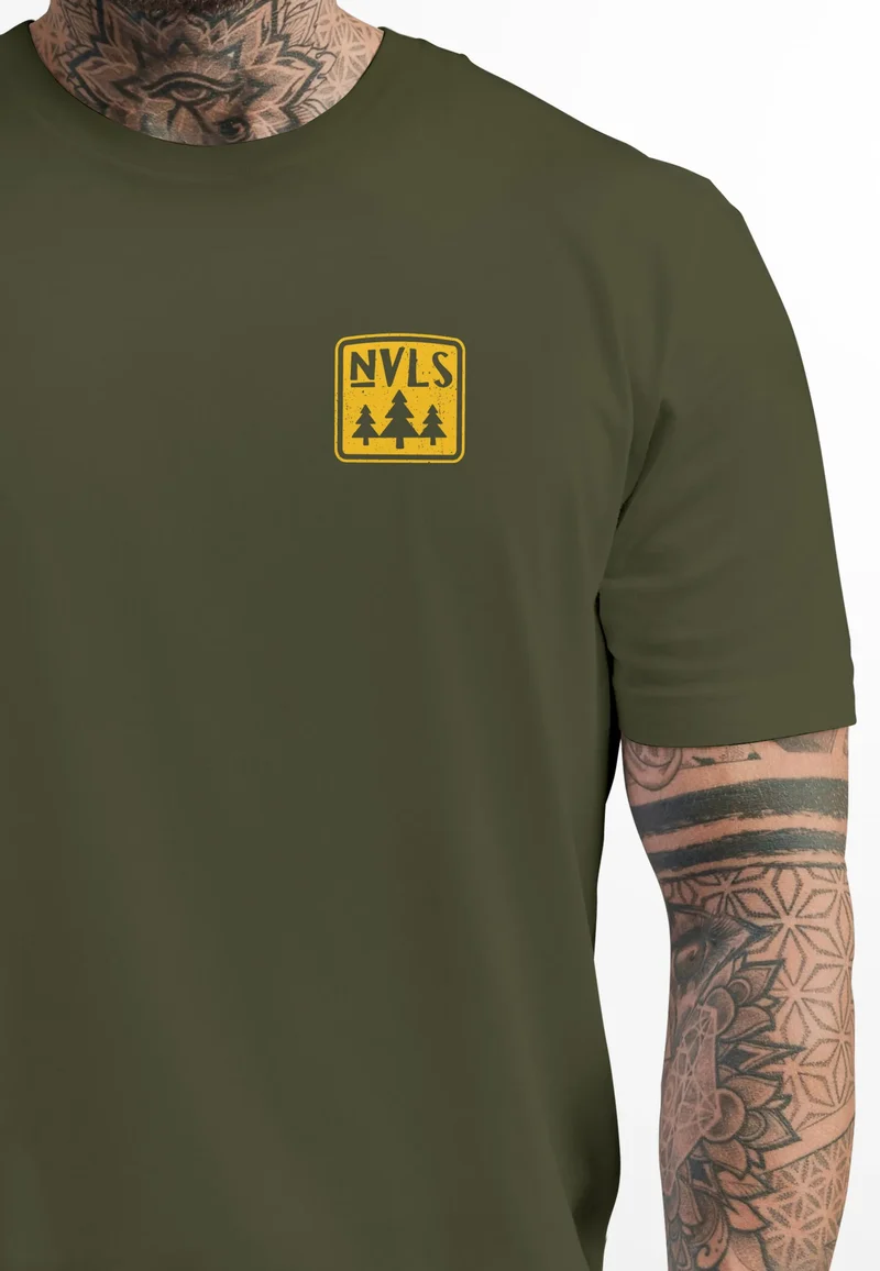 Herren T-Shirt Backprint SpuchThink Outside Rückenaufdruck Wald Outdoor Camping Männer Fashion Streetstyle