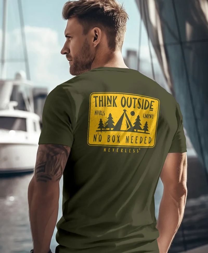 Herren T-Shirt Backprint SpuchThink Outside Rückenaufdruck Wald Outdoor Camping Männer Fashion Streetstyle