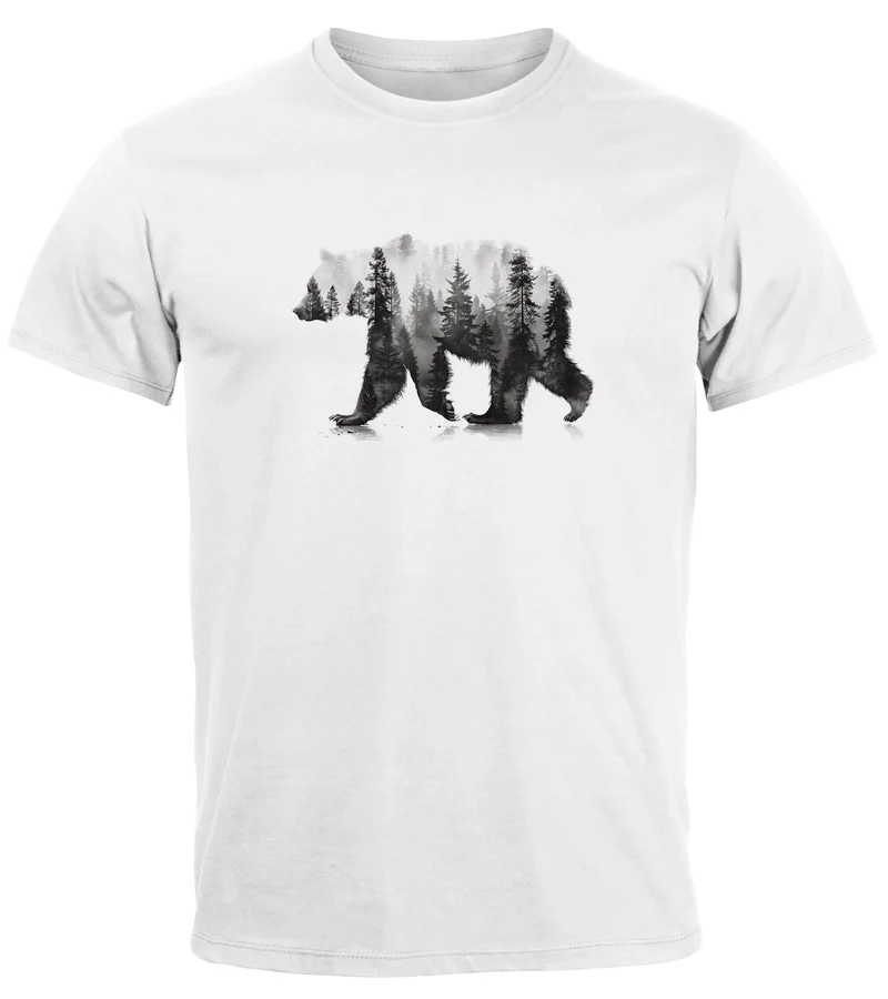 Herren T-Shirt Bär Motiv Aufdruck Grafik Printshirt Wald Büume Outdoor Fashion Streetstyle