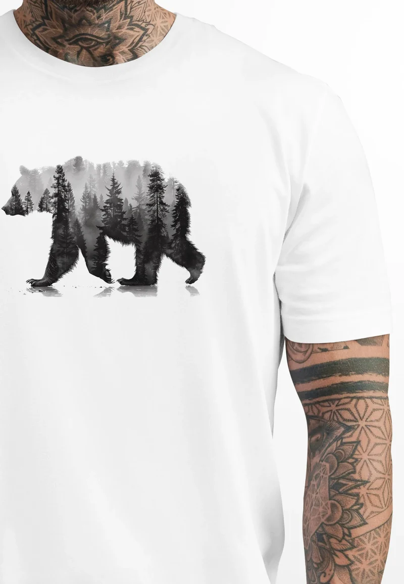 Herren T-Shirt Bär Motiv Aufdruck Grafik Printshirt Wald Büume Outdoor Fashion Streetstyle