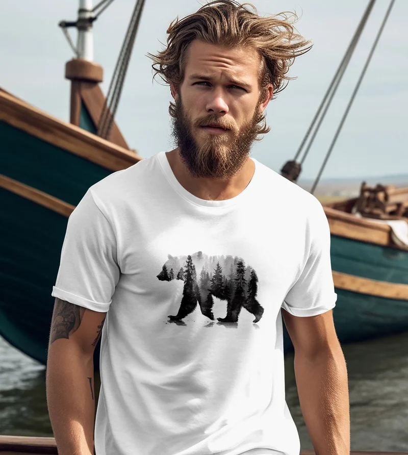 Herren T-Shirt Bär Motiv Aufdruck Grafik Printshirt Wald Büume Outdoor Fashion Streetstyle