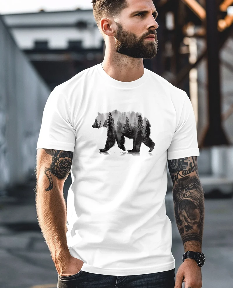 Herren T-Shirt Bär Motiv Aufdruck Grafik Printshirt Wald Büume Outdoor Fashion Streetstyle