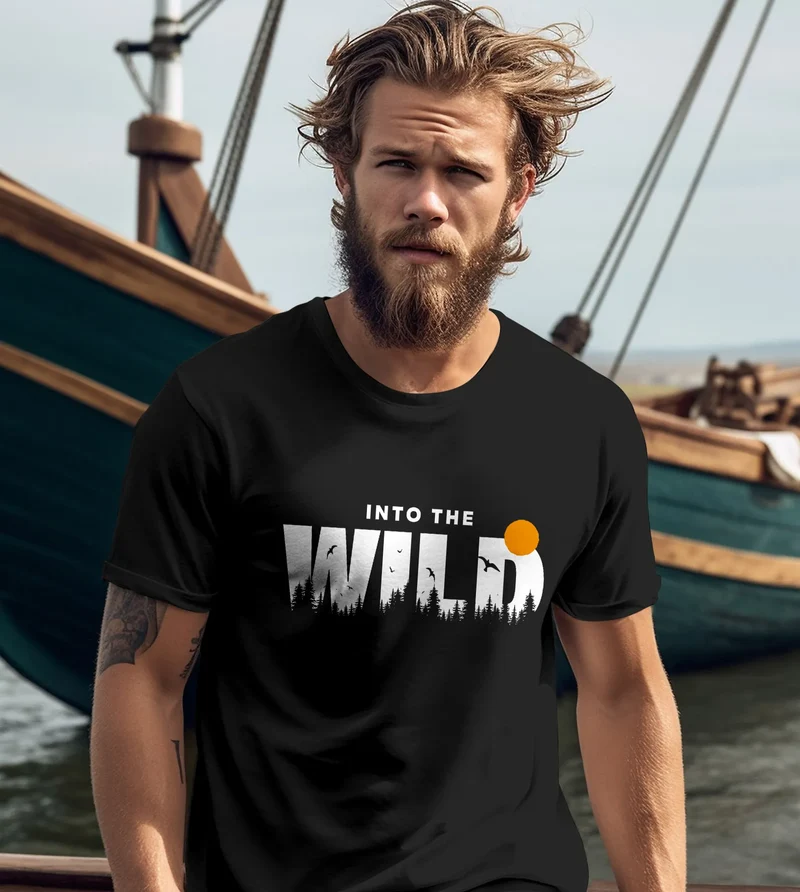 Herren T-Shirt Brustprint Bedruckt Into the Wild Schriftzug Outdoor Fashion Streetstyle Grafik-Shirt
