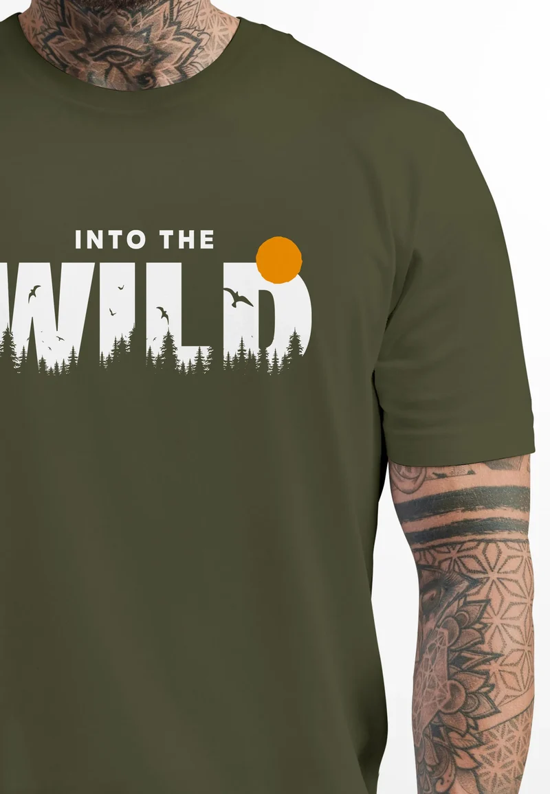Herren T-Shirt Brustprint Bedruckt Into the Wild Schriftzug Outdoor Fashion Streetstyle Grafik-Shirt