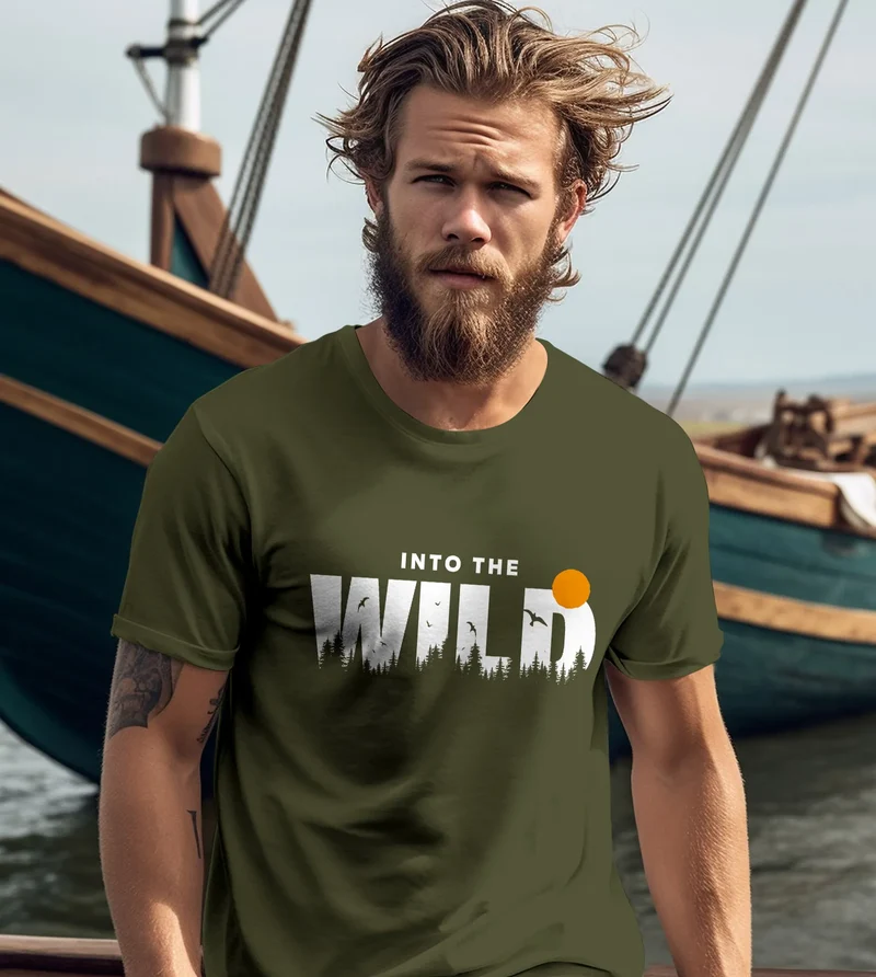 Herren T-Shirt Brustprint Bedruckt Into the Wild Schriftzug Outdoor Fashion Streetstyle Grafik-Shirt