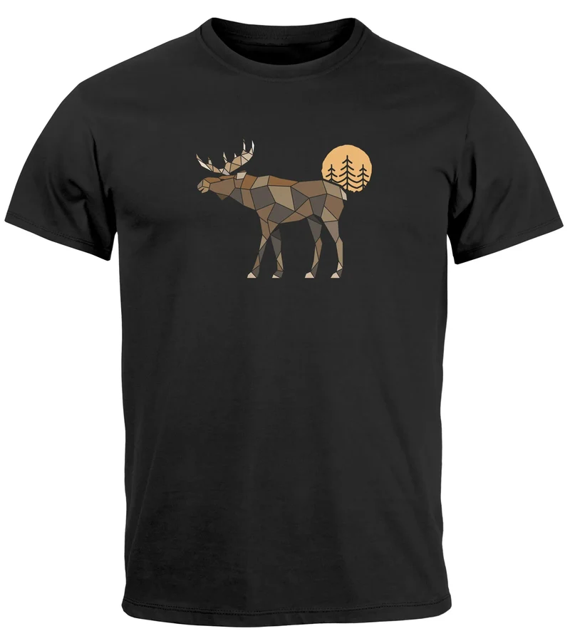 Herren T-Shirt Shirt Printshirt mit Aufdruck Polygon Elch Outdoor Motive Wandern Natur Wald Fashion Streetstyle
