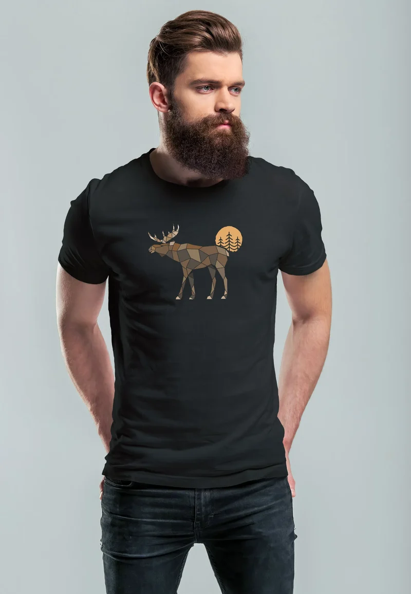 Herren T-Shirt Shirt Printshirt mit Aufdruck Polygon Elch Outdoor Motive Wandern Natur Wald Fashion Streetstyle