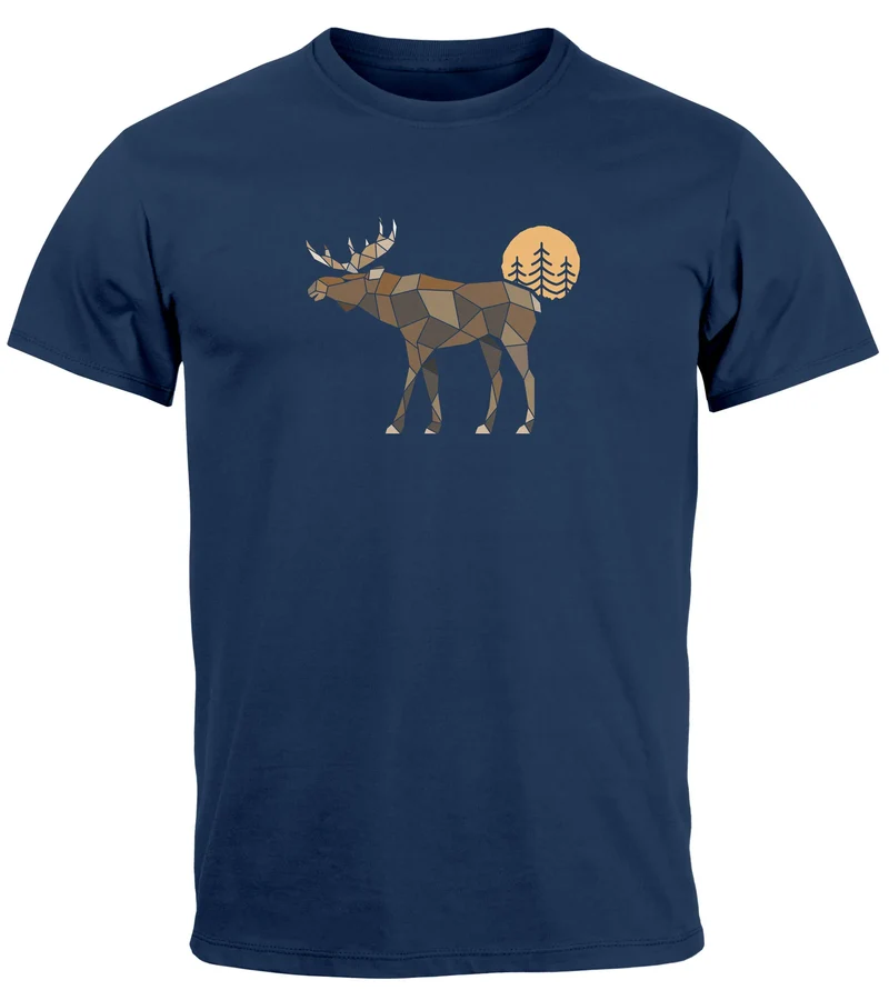 Herren T-Shirt Shirt Printshirt mit Aufdruck Polygon Elch Outdoor Motive Wandern Natur Wald Fashion Streetstyle