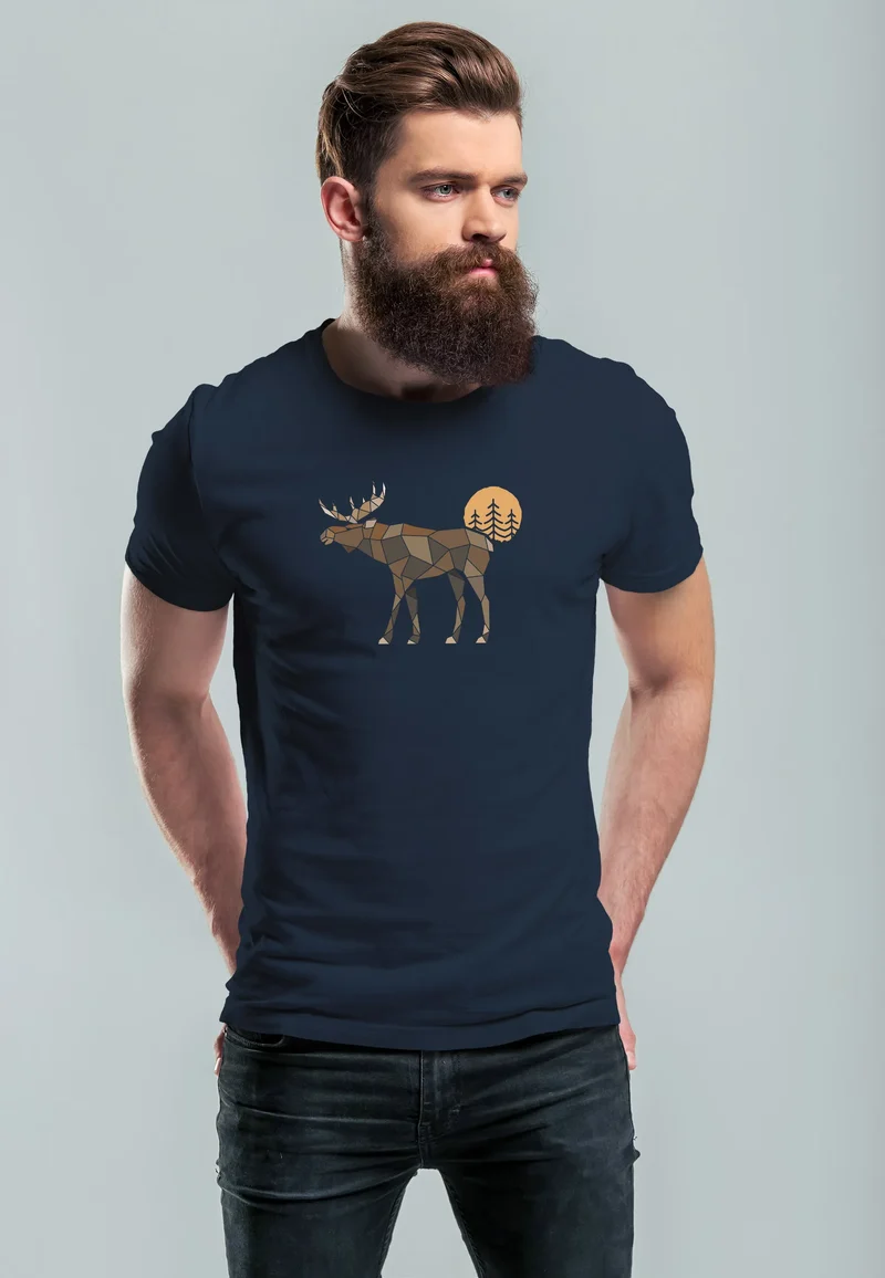 Herren T-Shirt Shirt Printshirt mit Aufdruck Polygon Elch Outdoor Motive Wandern Natur Wald Fashion Streetstyle