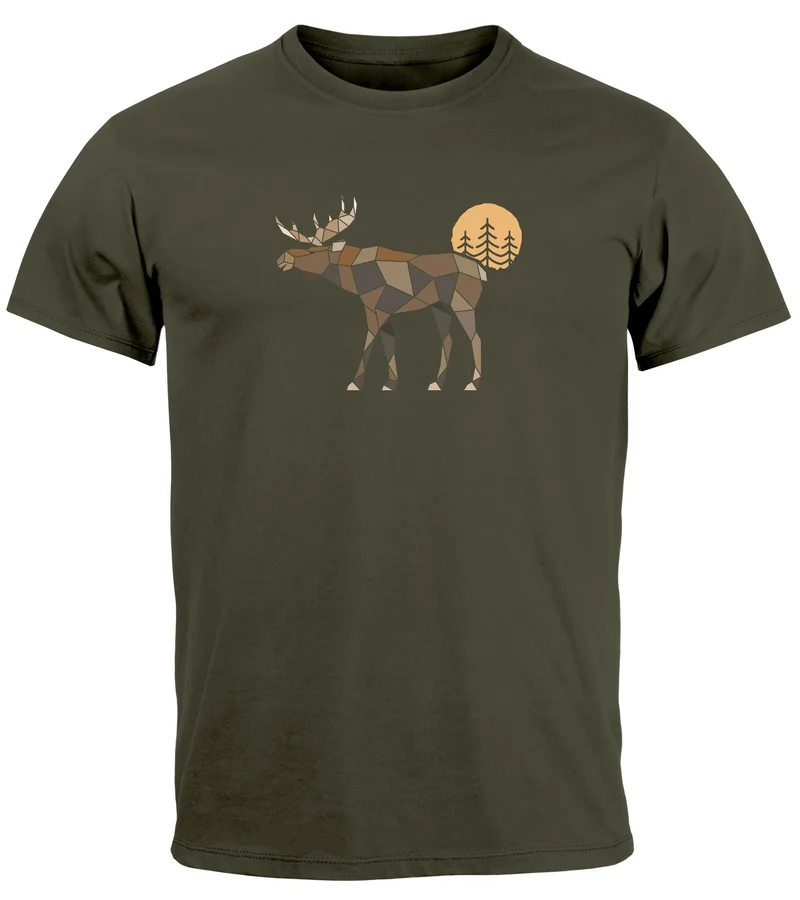 Herren T-Shirt Shirt Printshirt mit Aufdruck Polygon Elch Outdoor Motive Wandern Natur Wald Fashion Streetstyle