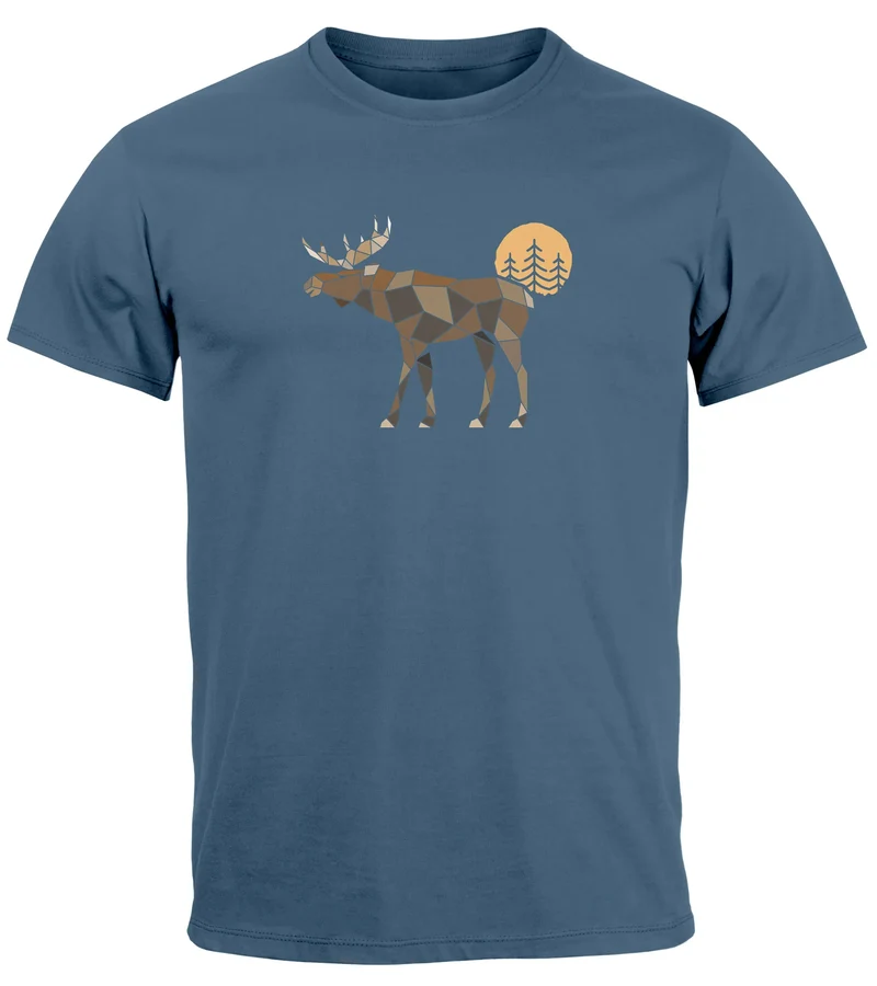 Herren T-Shirt Shirt Printshirt mit Aufdruck Polygon Elch Outdoor Motive Wandern Natur Wald Fashion Streetstyle