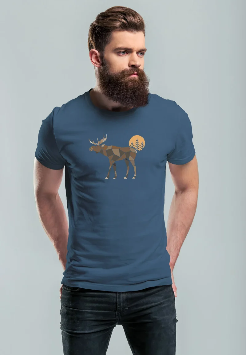 Herren T-Shirt Shirt Printshirt mit Aufdruck Polygon Elch Outdoor Motive Wandern Natur Wald Fashion Streetstyle