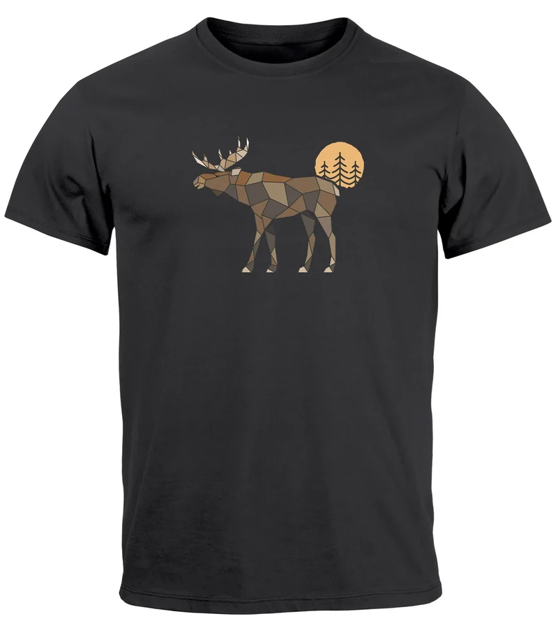 Herren T-Shirt Shirt Printshirt mit Aufdruck Polygon Elch Outdoor Motive Wandern Natur Wald Fashion Streetstyle