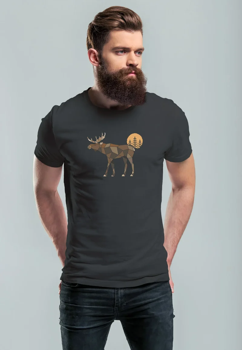 Herren T-Shirt Shirt Printshirt mit Aufdruck Polygon Elch Outdoor Motive Wandern Natur Wald Fashion Streetstyle