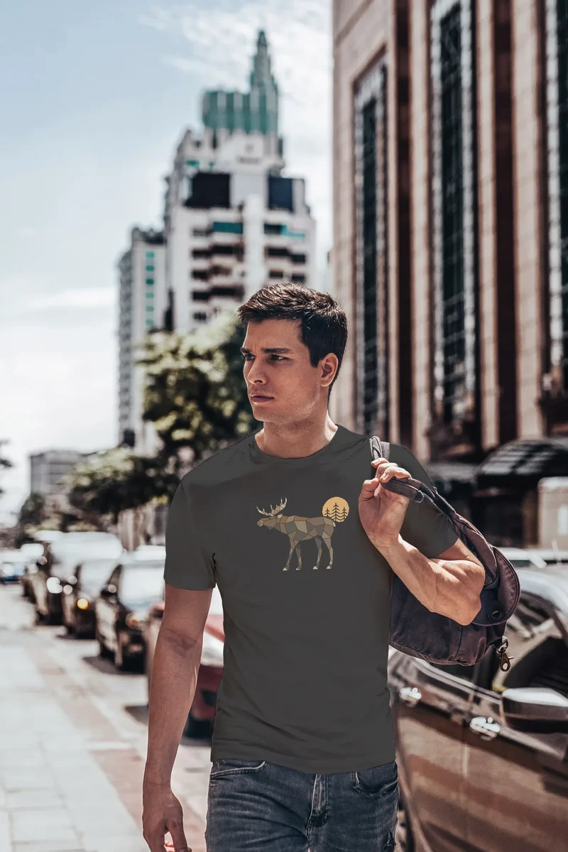 Herren T-Shirt Shirt Printshirt mit Aufdruck Polygon Elch Outdoor Motive Wandern Natur Wald Fashion Streetstyle
