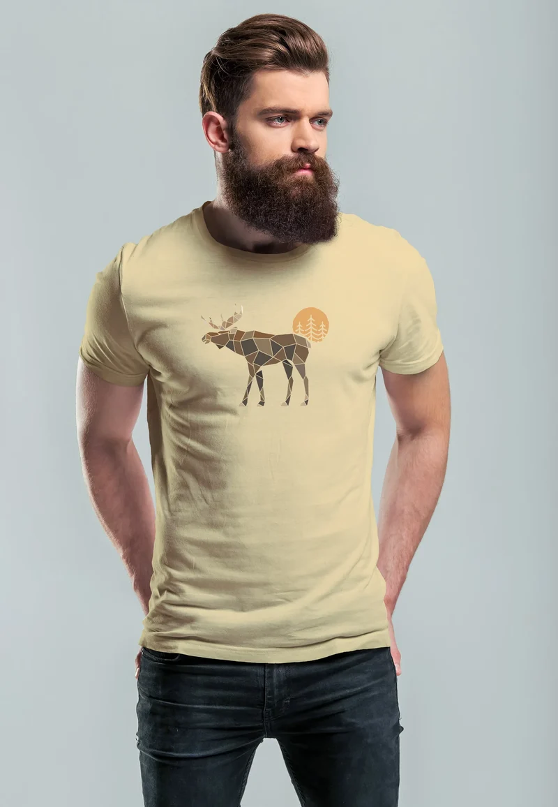 Herren T-Shirt Shirt Printshirt mit Aufdruck Polygon Elch Outdoor Motive Wandern Natur Wald Fashion Streetstyle