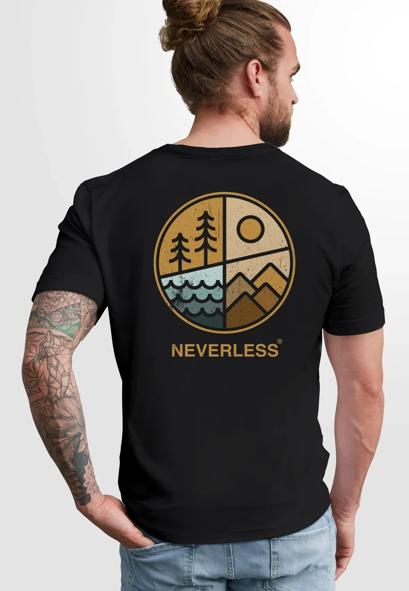 Herren T-Shirt Backprint Natur Grafik Berge Wald Adventure Outdoor Casual Männer Fashion Streetstyle