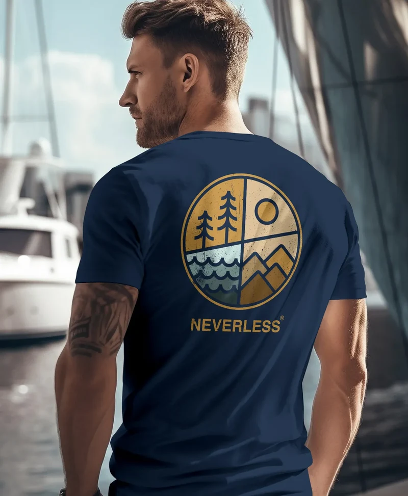 Herren T-Shirt Backprint Natur Grafik Berge Wald Adventure Outdoor Casual Männer Fashion Streetstyle