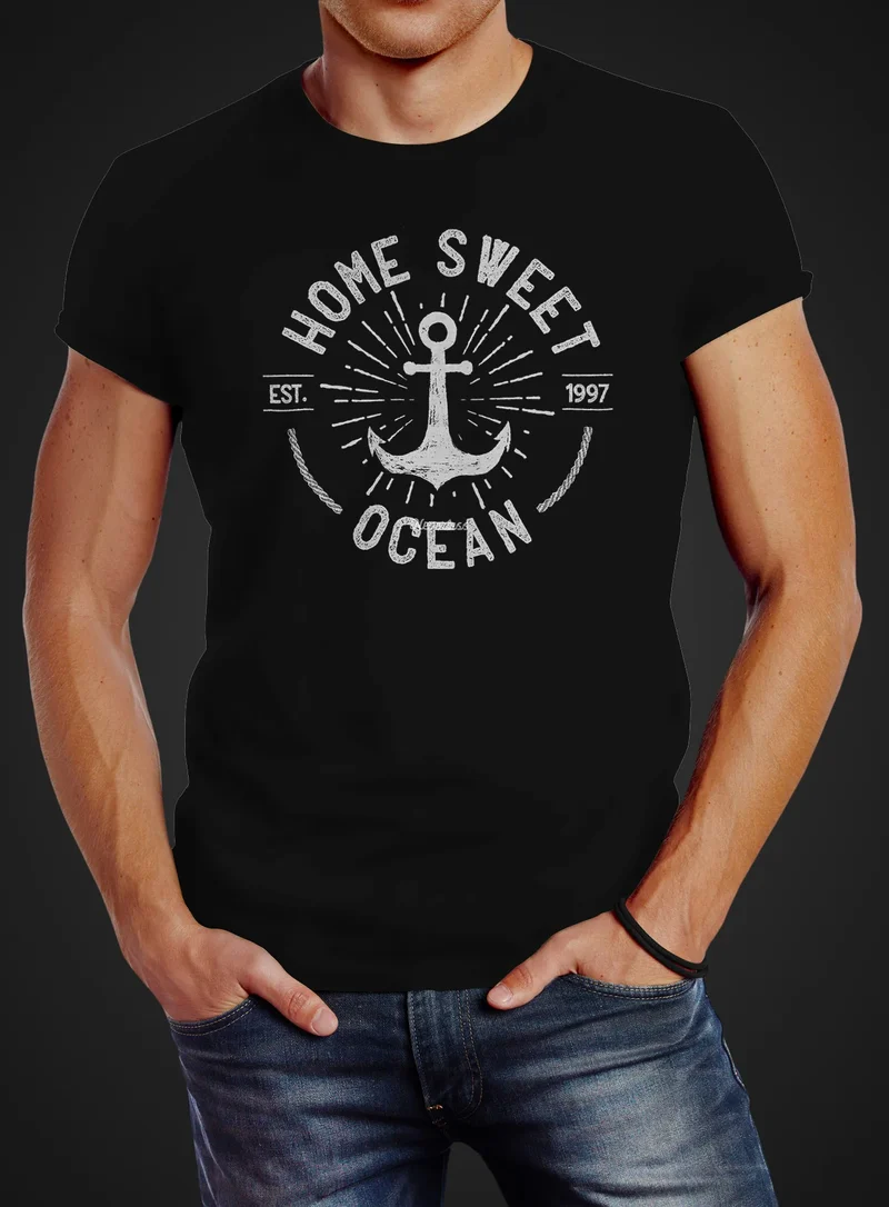 Herren T-Shirt Anker Logo maritim Home Sweet Ocean Schriftzug Fashion Streetstyle
