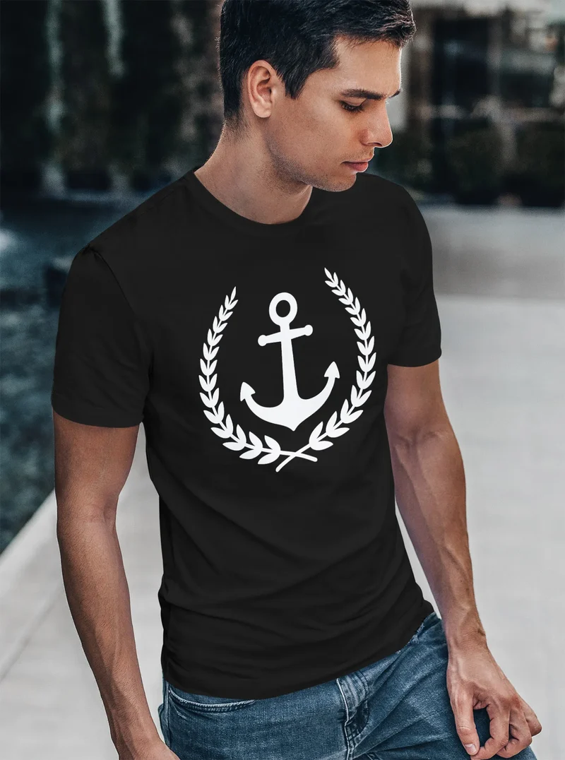 Herren T-Shirt Anker Lorbeerkranz Aufdruck Print Motiv Fashion Streetstyle