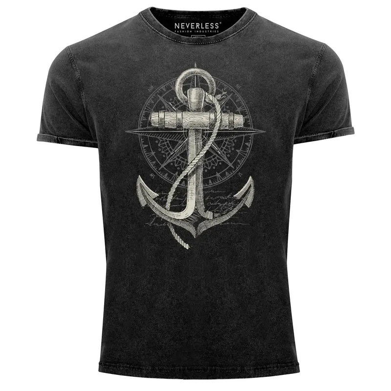 Herren Vintage Shirt Print Aufdruck Anker Kompass Motiv Maritim Meer Fashion StreetstyleUsed Look Slim Fit