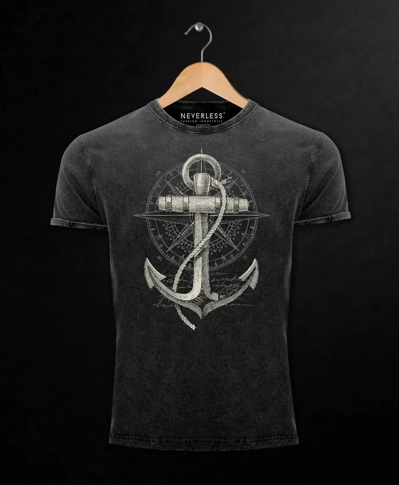 Herren Vintage Shirt Print Aufdruck Anker Kompass Motiv Maritim Meer Fashion StreetstyleUsed Look Slim Fit