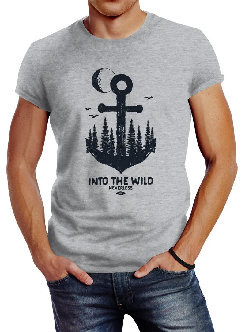 Herren T-Shirt Anker Wald Mond Vögel Adventure Vintage Slim Fit Baumwolle