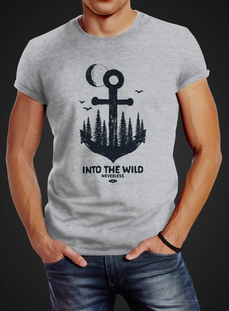 Herren T-Shirt Anker Wald Mond Vögel Adventure Vintage Slim Fit Baumwolle