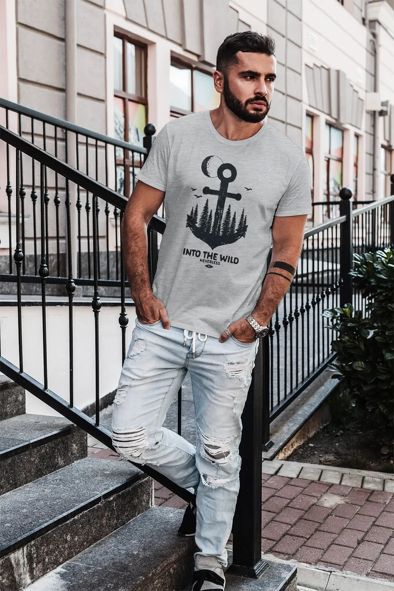 Herren T-Shirt Anker Wald Mond Vögel Adventure Vintage Slim Fit Baumwolle
