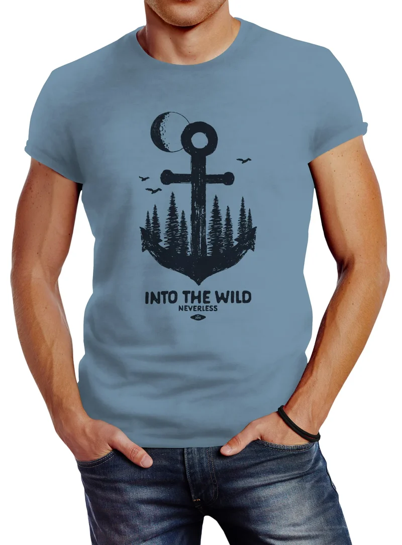 Herren T-Shirt Anker Wald Mond Vögel Adventure Vintage Slim Fit Baumwolle
