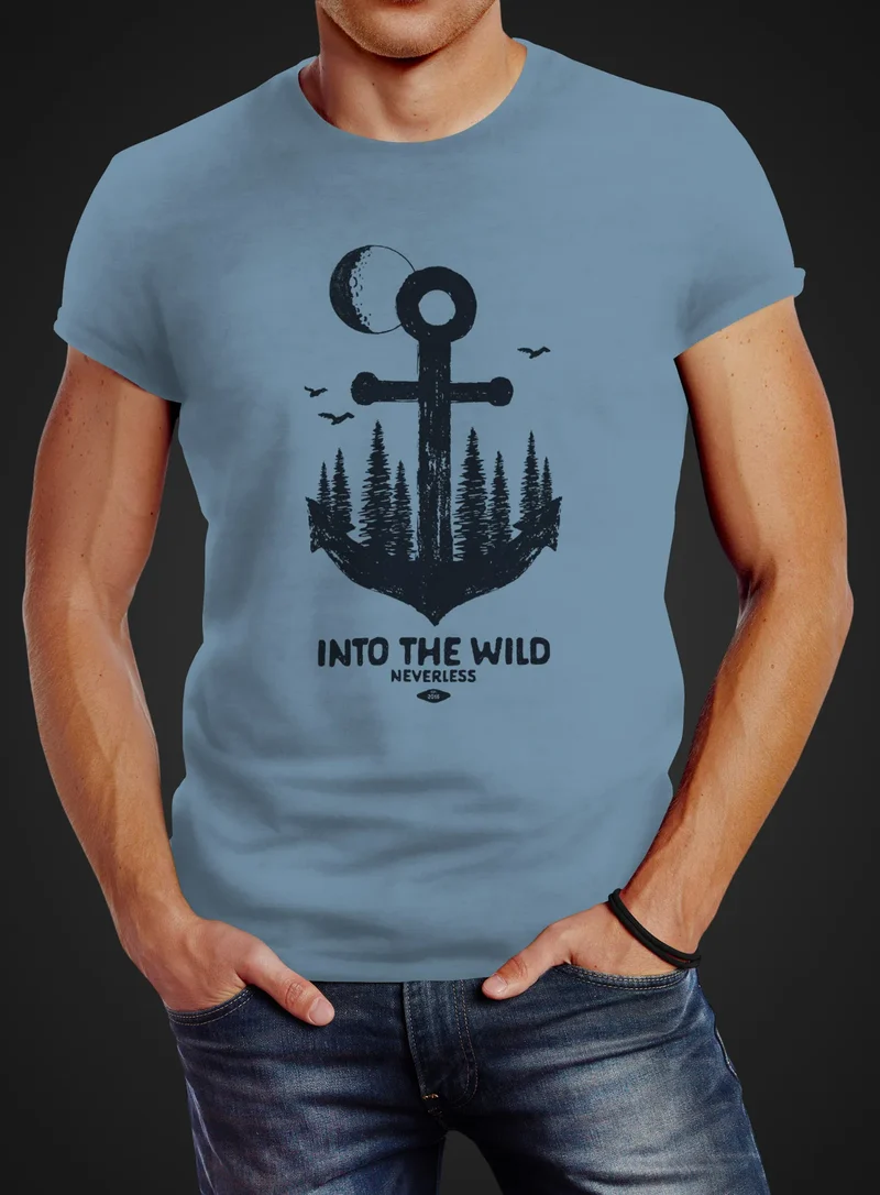 Herren T-Shirt Anker Wald Mond Vögel Adventure Vintage Slim Fit Baumwolle