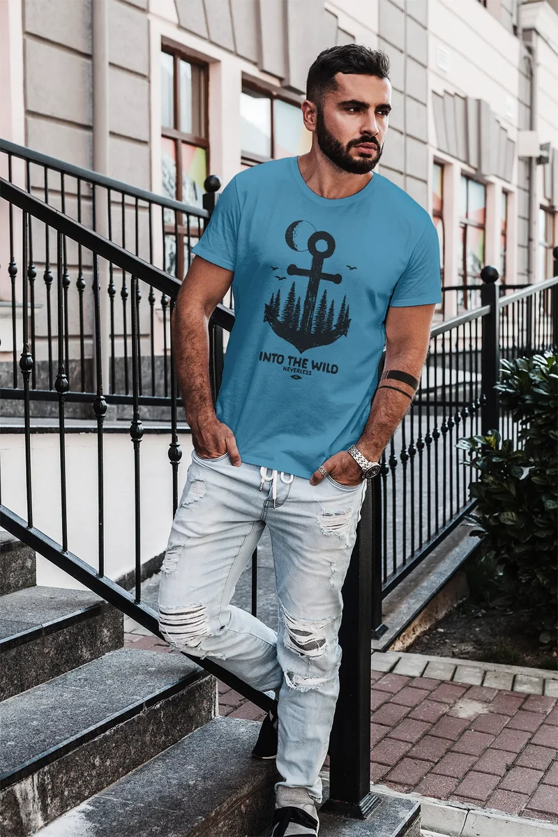 Herren T-Shirt Anker Wald Mond Vögel Adventure Vintage Slim Fit Baumwolle