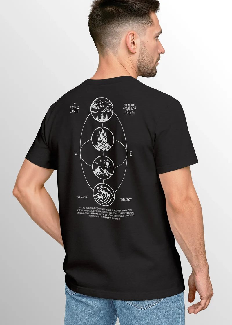 Herren T-Shirt Backprint Outdoor Elemente Minimal Grafikshirt Natur Symbole Printshirt Männer Fashion Streetstyle