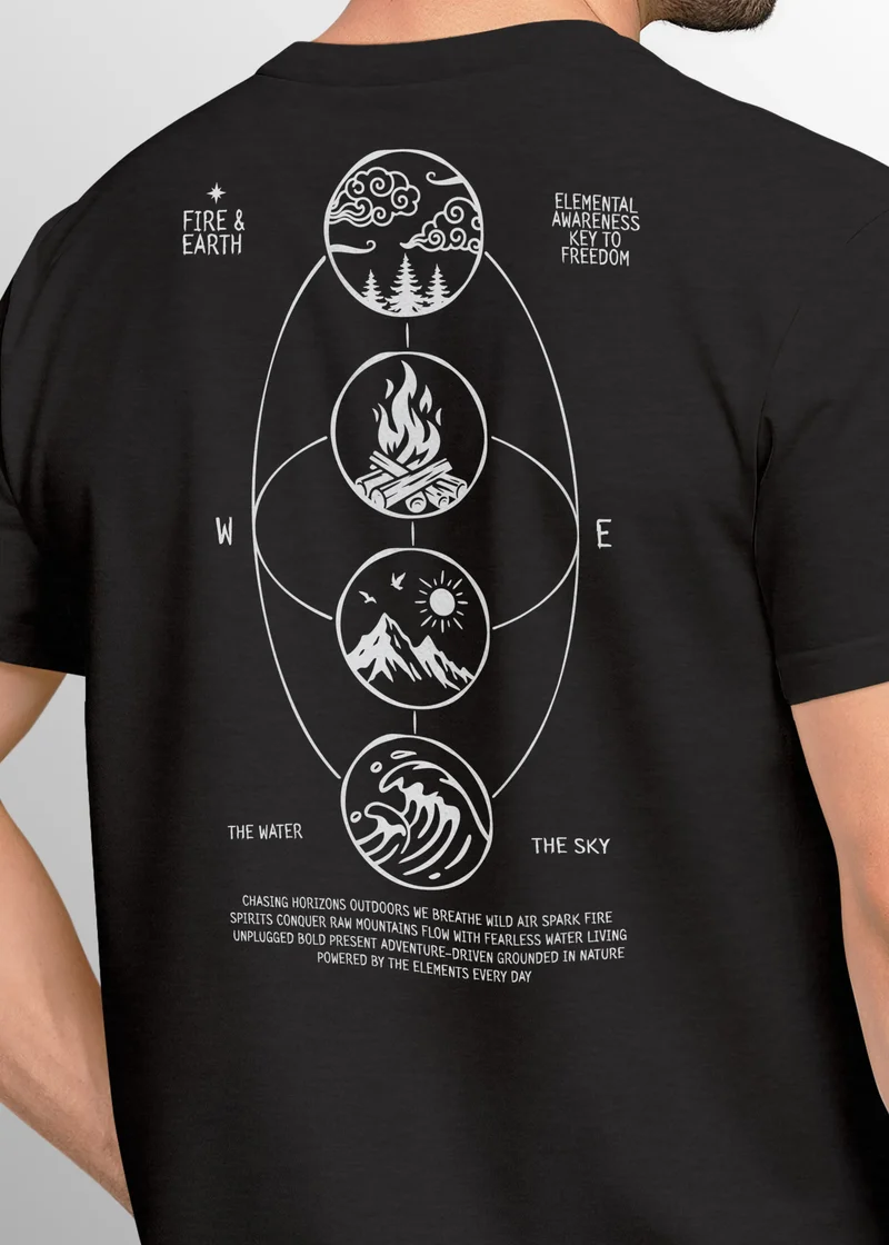 Herren T-Shirt Backprint Outdoor Elemente Minimal Grafikshirt Natur Symbole Printshirt Männer Fashion Streetstyle